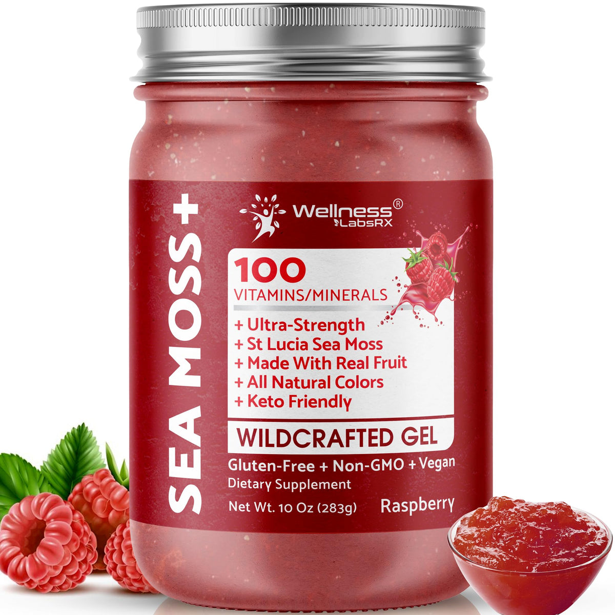 Gel d'Irish Sea Moss WELLNESS LABSRX 10 oz saveur framboise vue de face