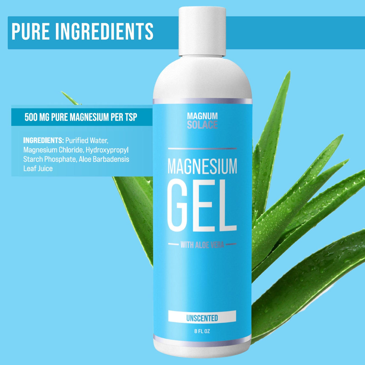 Gel de magnésium Magnum Solace affiché avec des ingrédients naturels