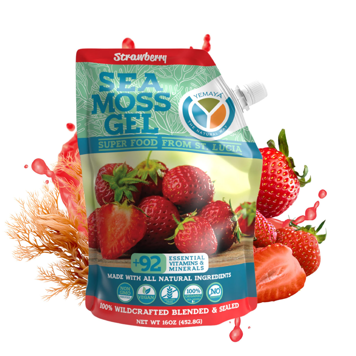 Gel de Mousse de Mer Bio YEMAYA 16 oz au Goût Fraise, vue avant