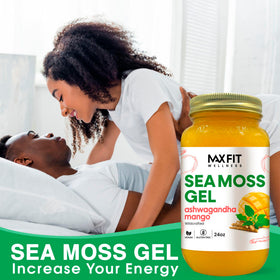 Gel de mousse de mer MAX FIT sur un fond de fruits et légumes