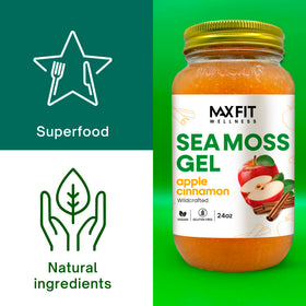 Gel de mousse de mer MAX FIT sur une table avec des fruits