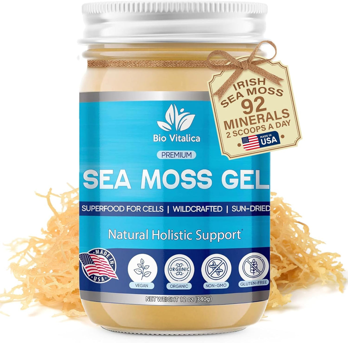 Gel de Mousse Marine Irlandaise BIO VITALICA avec cuillère dans un environnement naturel