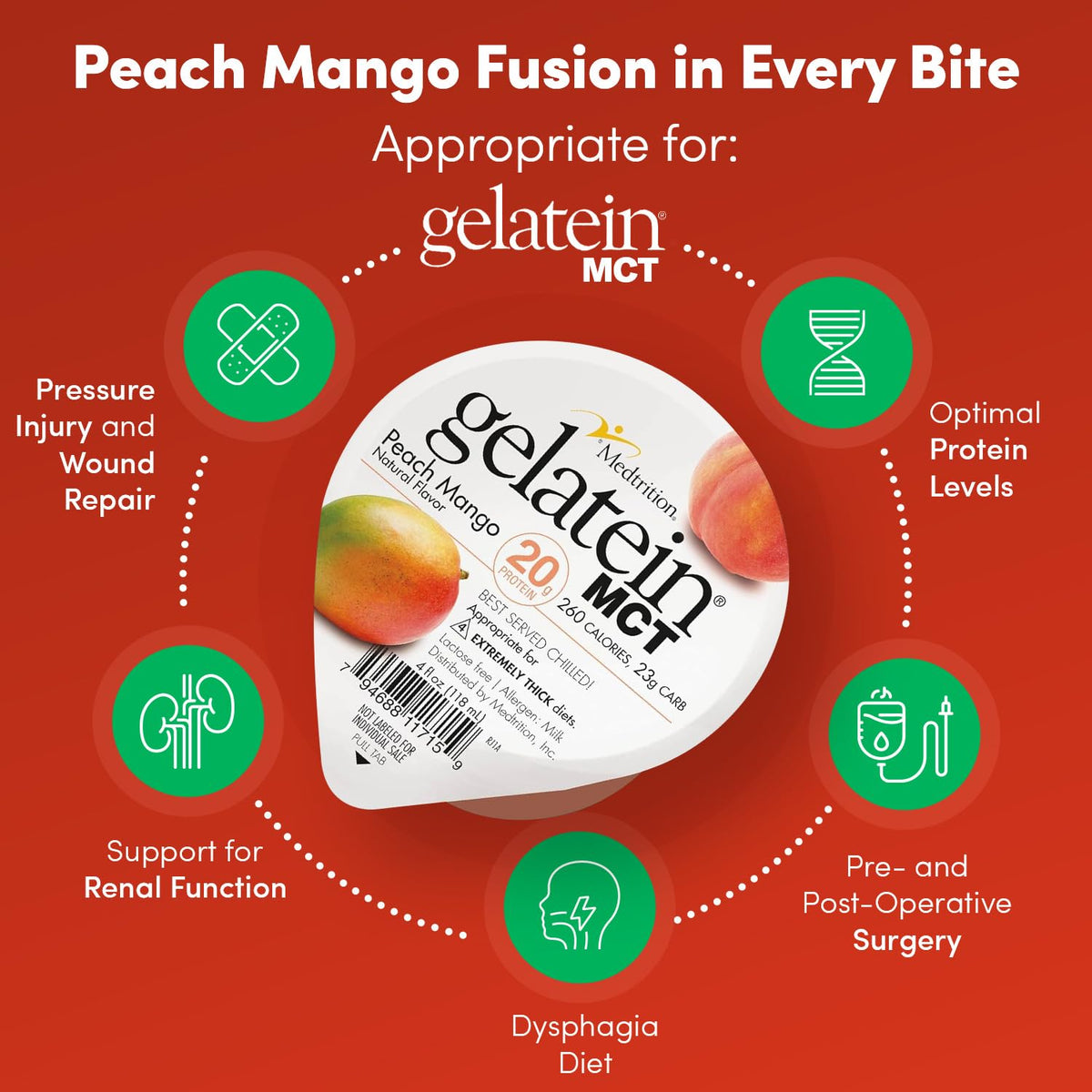 Gelatein MCT Pêche Mangue en situation avec fruits frais