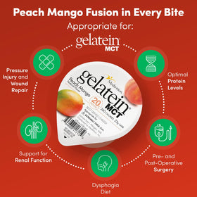 Gelatein MCT Pêche Mangue en situation avec fruits frais