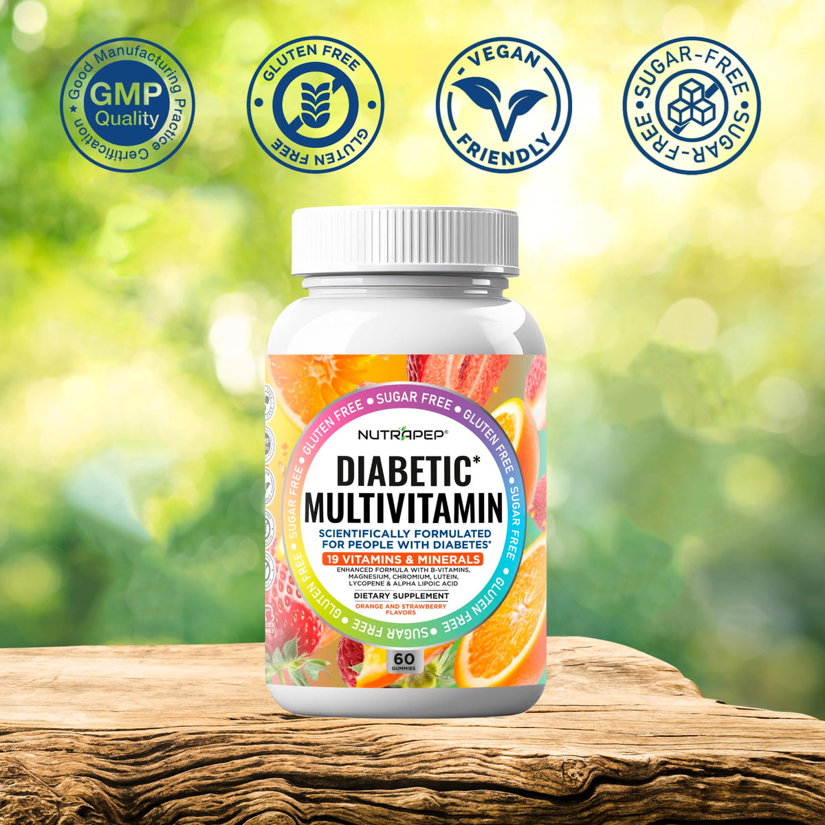 Gélifiées NutraPep Multivitamines 181g sur une table avec des fruits