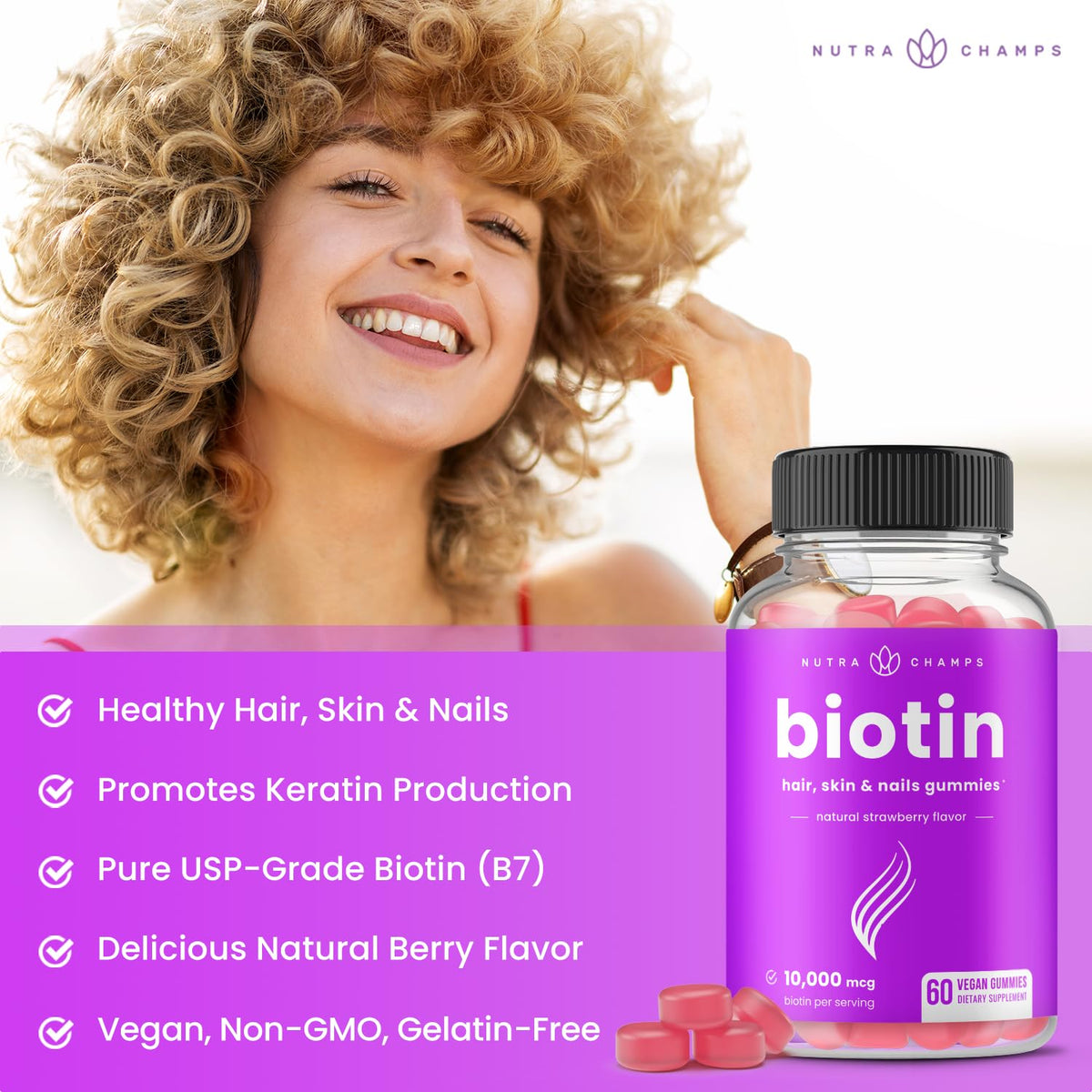 Gélifiés biotine NutraChamps avec une portion sur une cuillère
