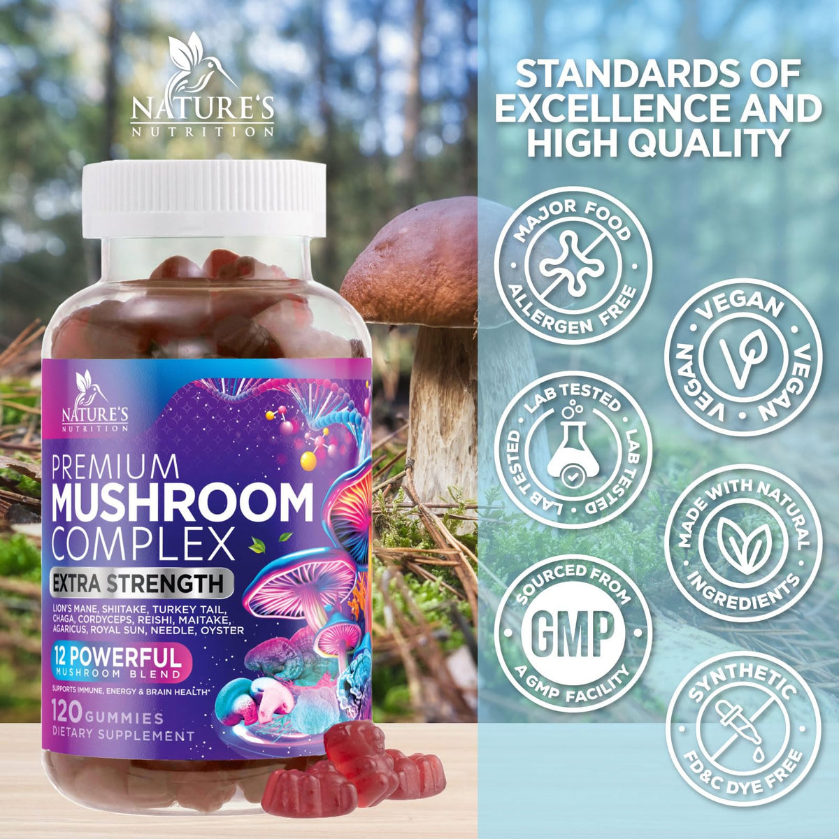 Gélifiés de champignons Nature's Nutrition 12 en 1 sur une table