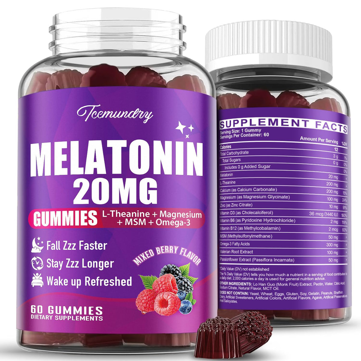 Gélifiés de mélatonine Tcemundry 20 mg en bouteille, vue de face