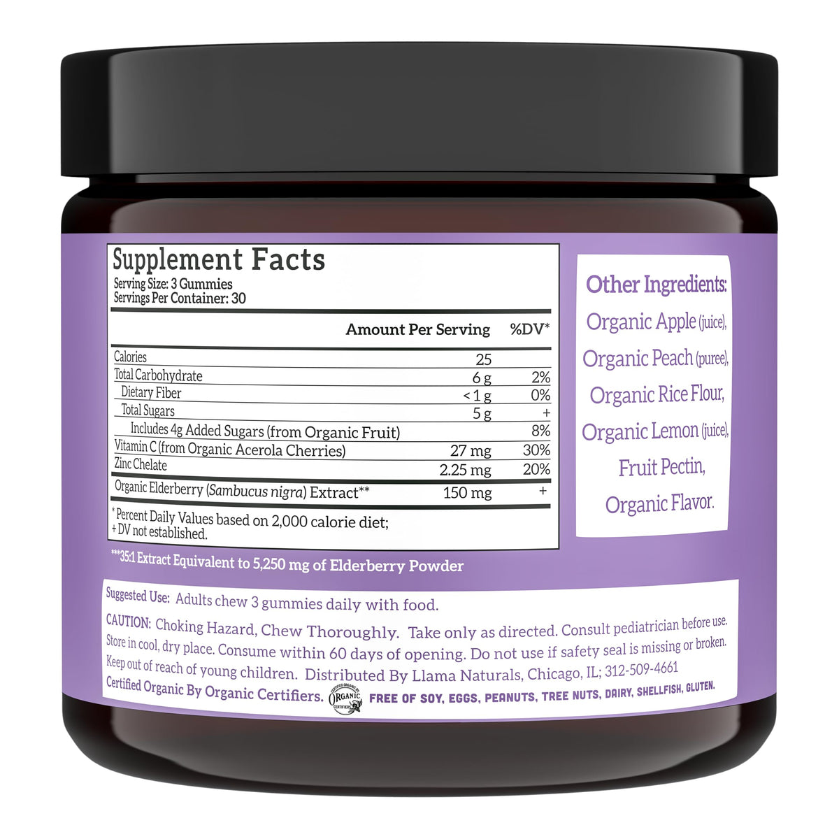 Gélifiés de sureau bio Llama Naturals, étiquette du produit