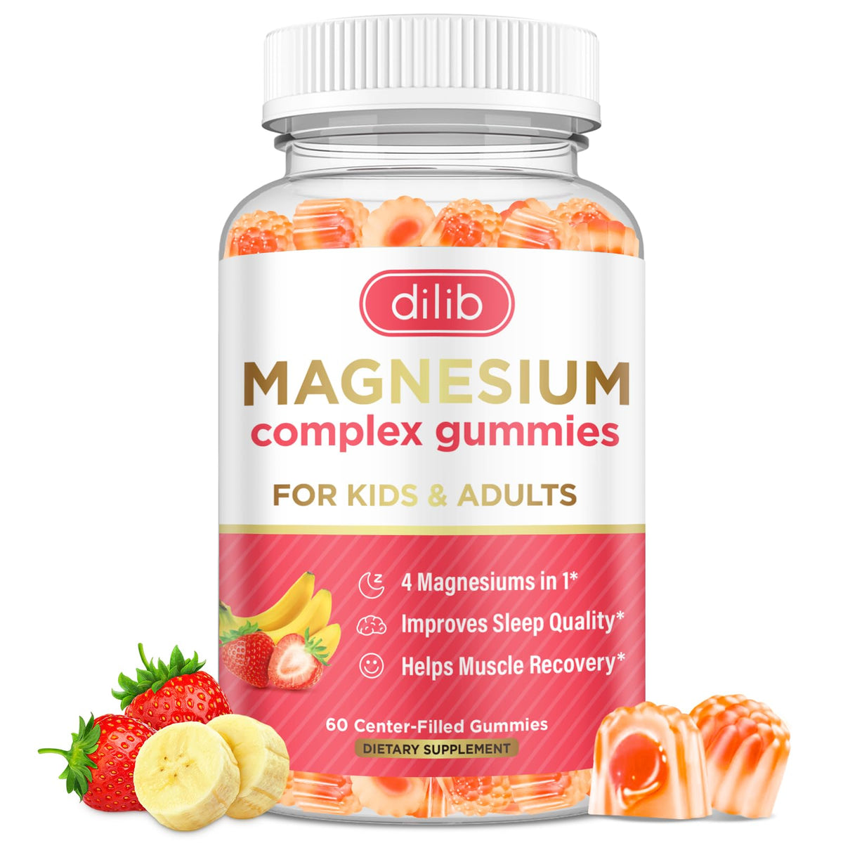 Gélifiés magnésium dilib 60 gummies saveur banane et fraise vue de face