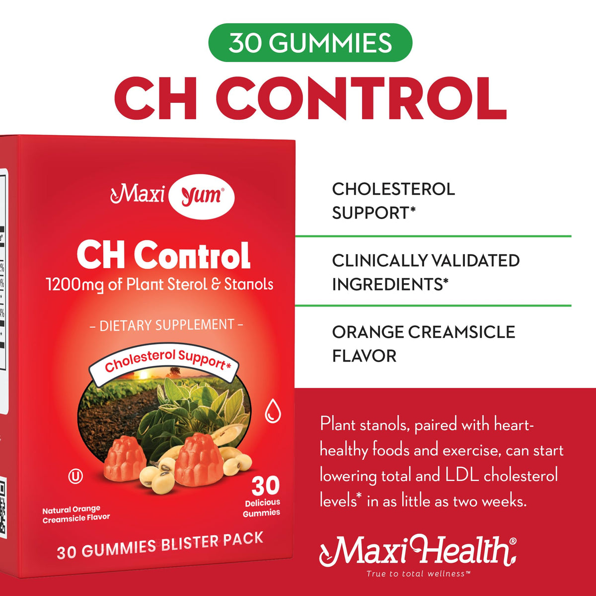 Gélifiés Maxi Health Cholestérol 1200mg sur une table avec des fruits