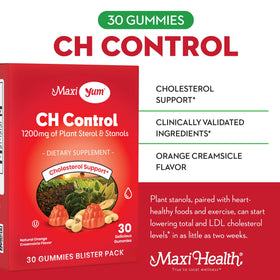 Gélifiés Maxi Health Cholestérol 1200mg sur une table avec des fruits