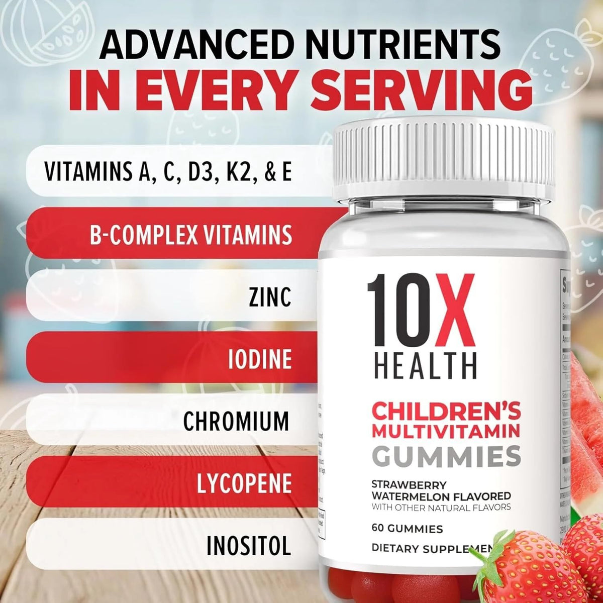 Gélifiés multivitaminés 10X Health pour enfants, vus de dessus avec un fond coloré