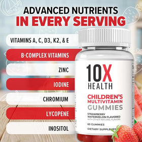 Gélifiés multivitaminés 10X Health pour enfants, vus de dessus avec un fond coloré
