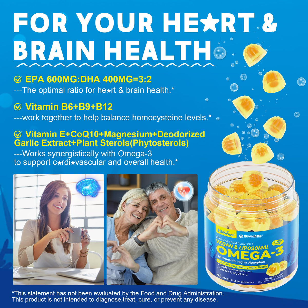 Gélifiés Omega-3 EnvyCure avec des fruits frais en arrière-plan