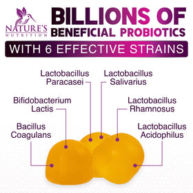 Gélifiés probiotiques Nature's Nutrition sur une table avec des fruits