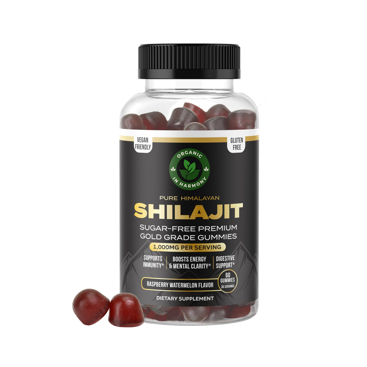 Gélifiés Shilajit Organic In Harmony, boîte de 60 gummies framboise et pastèque