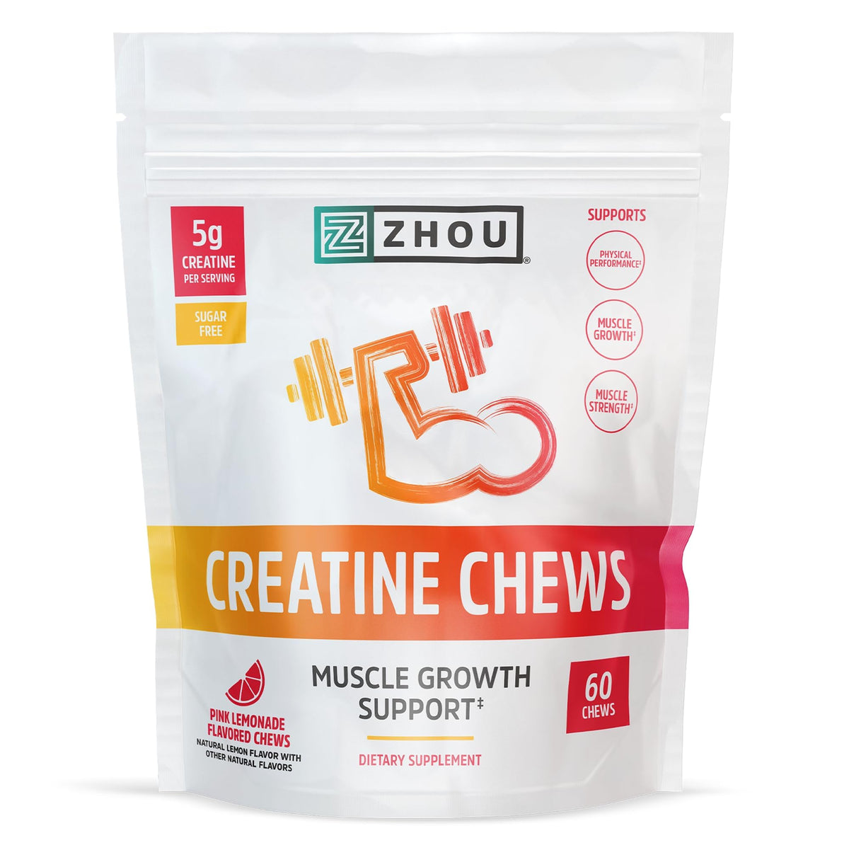 Gélifiés ZHOU Créatine Monohydrate 5g saveur limonade rose, vue de face