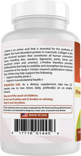 Gélule Best Naturals L-Proline ouverte montrant la taille