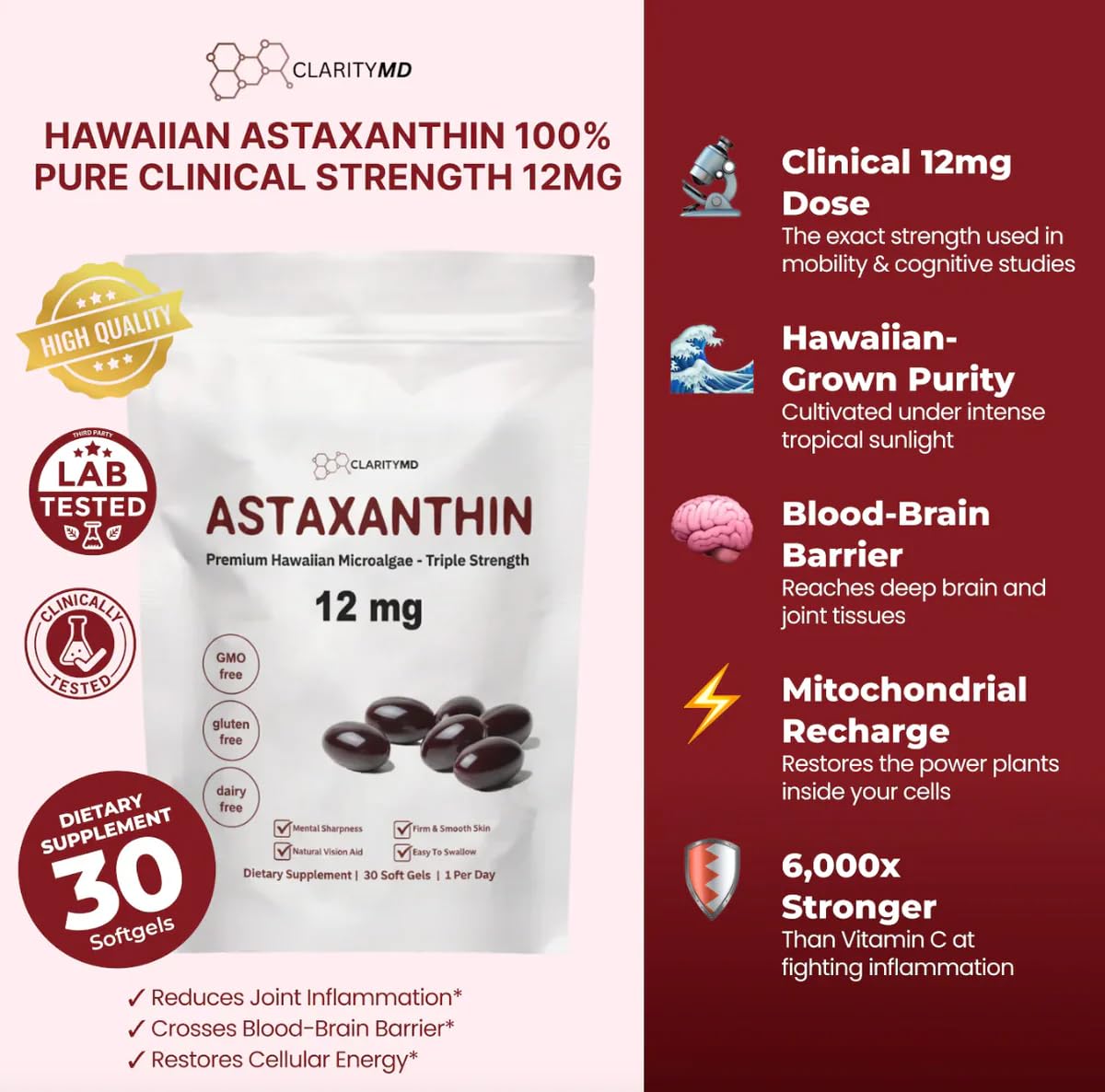 Gélule ClarityMD Astaxanthin 12mg sur une surface blanche