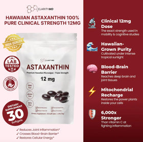 Gélule ClarityMD Astaxanthin 12mg sur une surface blanche