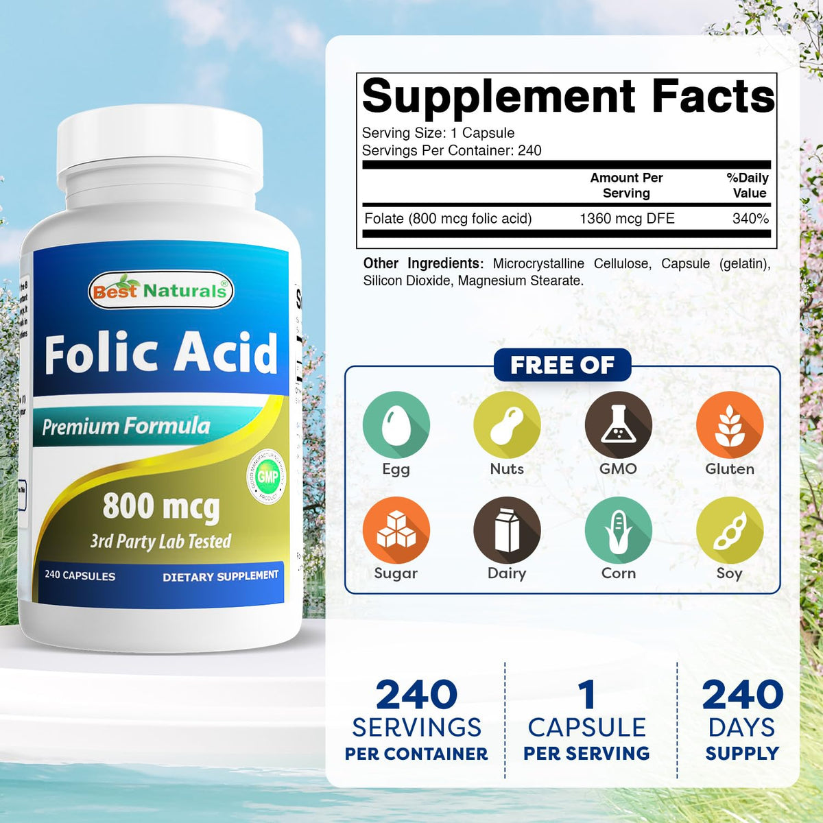 Gélule d'acide folique Best Naturals avec indication de 800 mcg