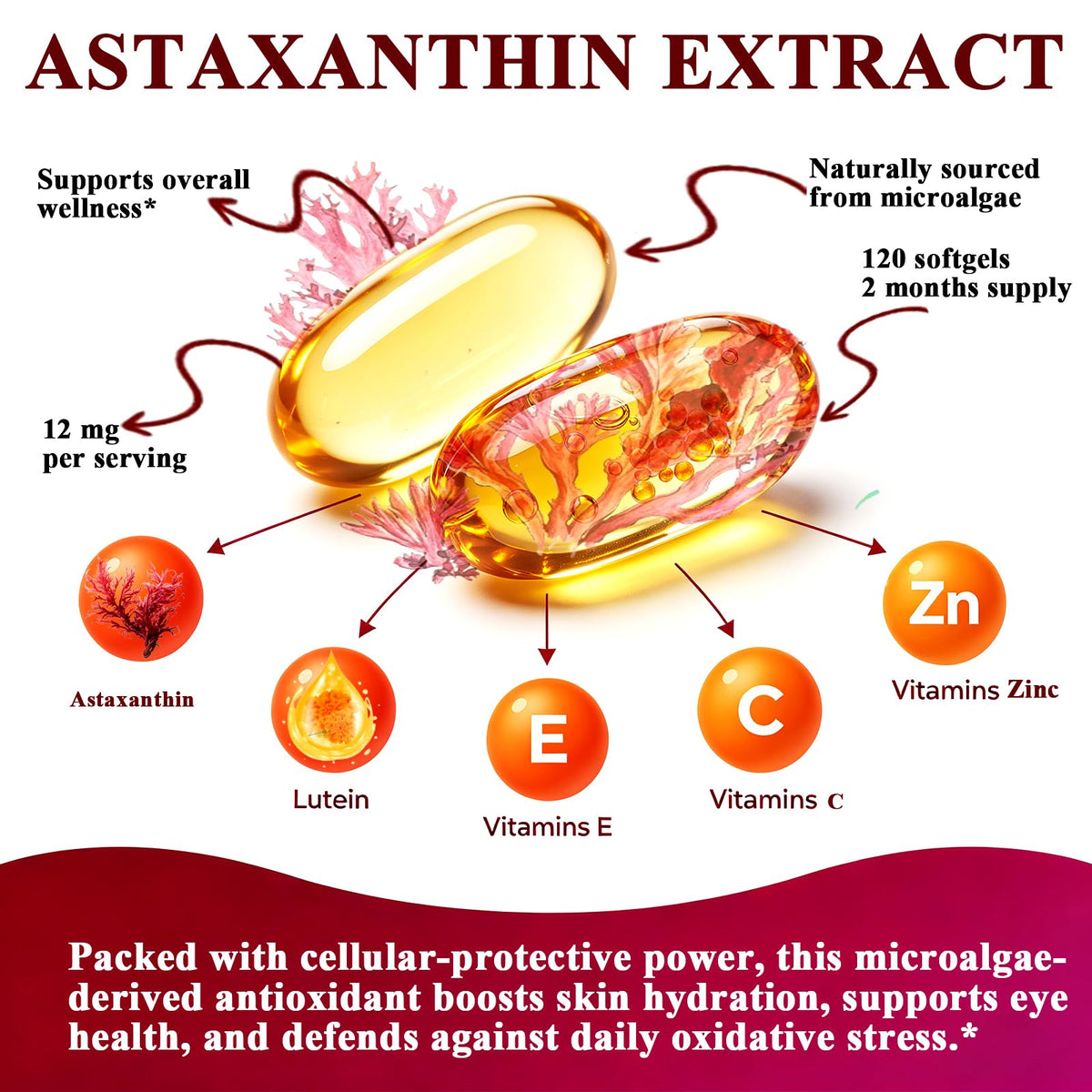Gélule d'astaxanthine AMENQ hHEALTH montrant la taille et la forme