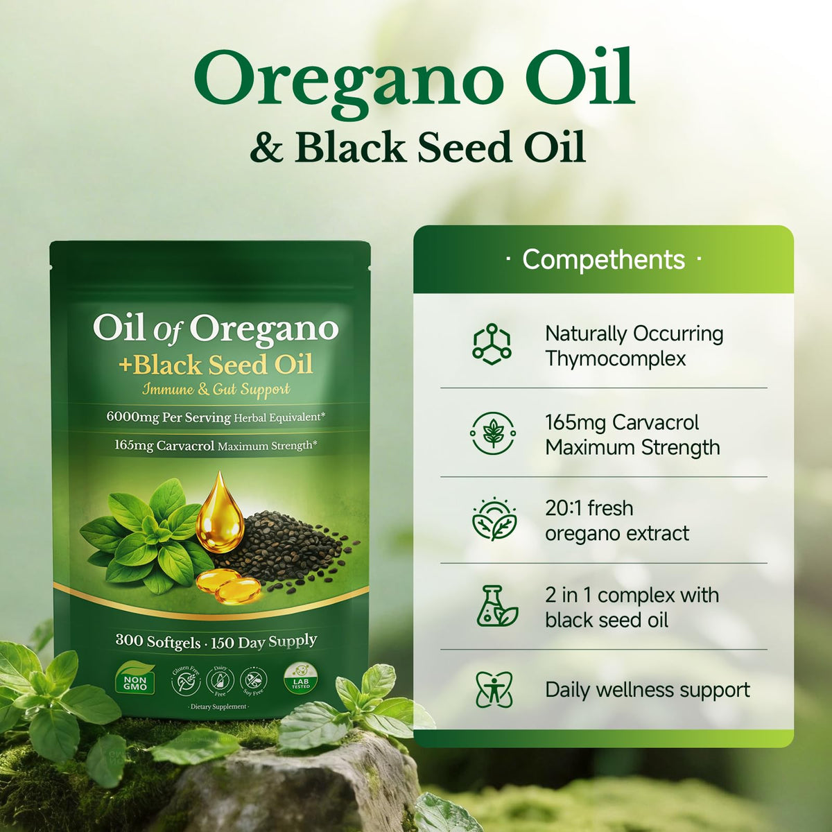 Gélule d'huile d'origan et de nigelle ouverte montrant son contenu