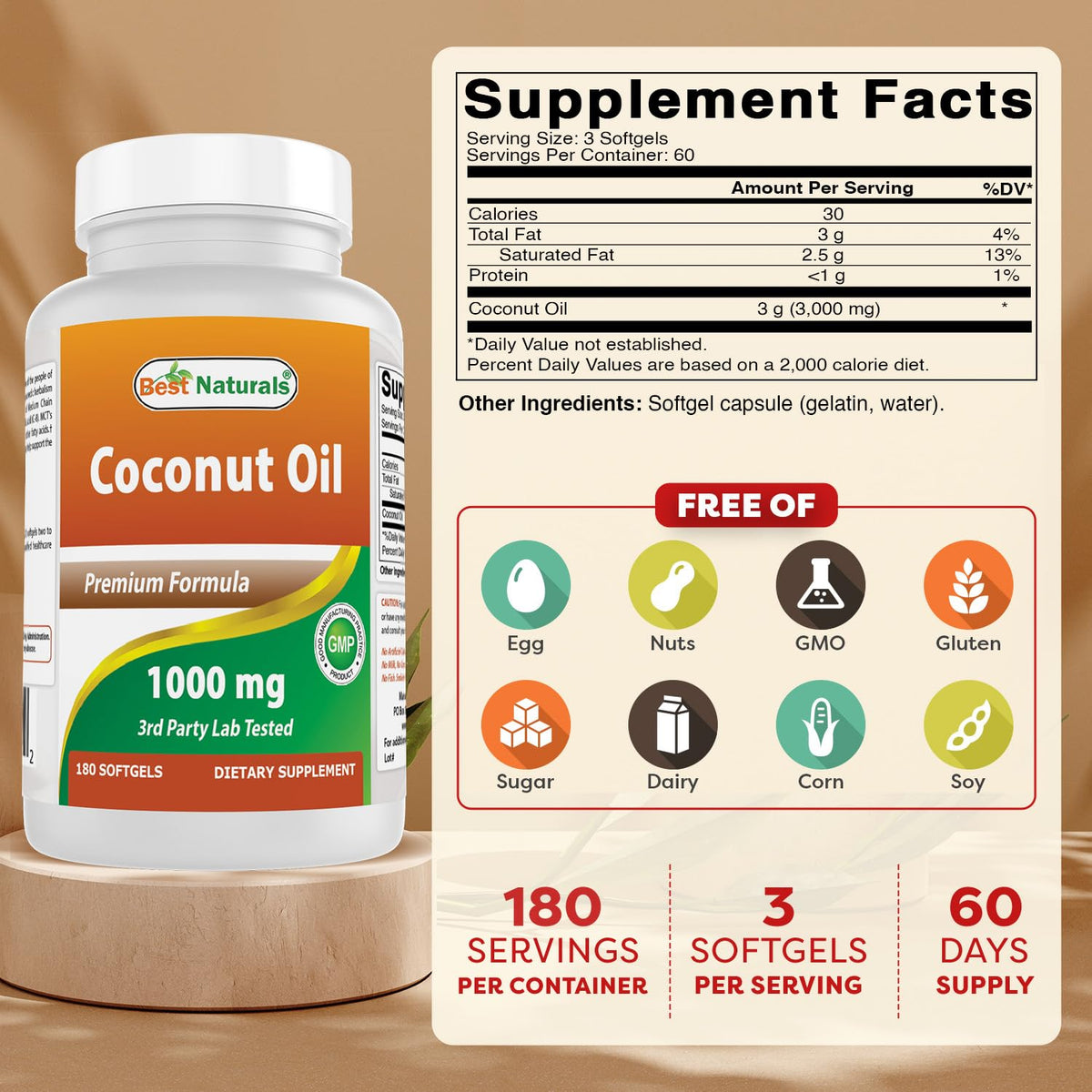 Gélule d'huile de coco vierge extra Best Naturals, 1000 mg, vue de près