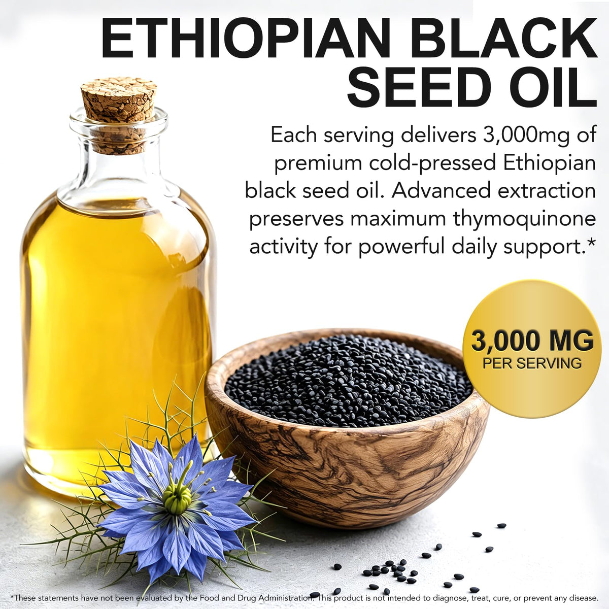 Gélule d'huile de nigelle éthiopienne avec étiquette visible