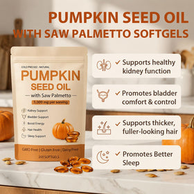 Gélule d'huile de pépin de citrouille wuliao avec Saw Palmetto sur fond blanc