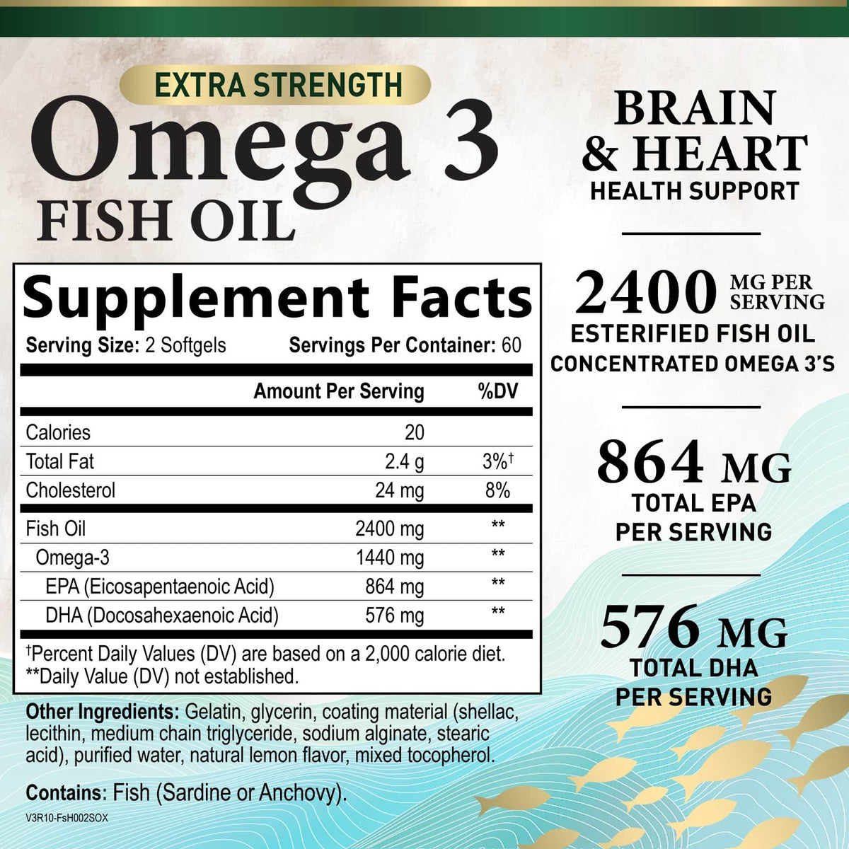 Gélule d'huile de poisson Omega 3 avec étiquette visible