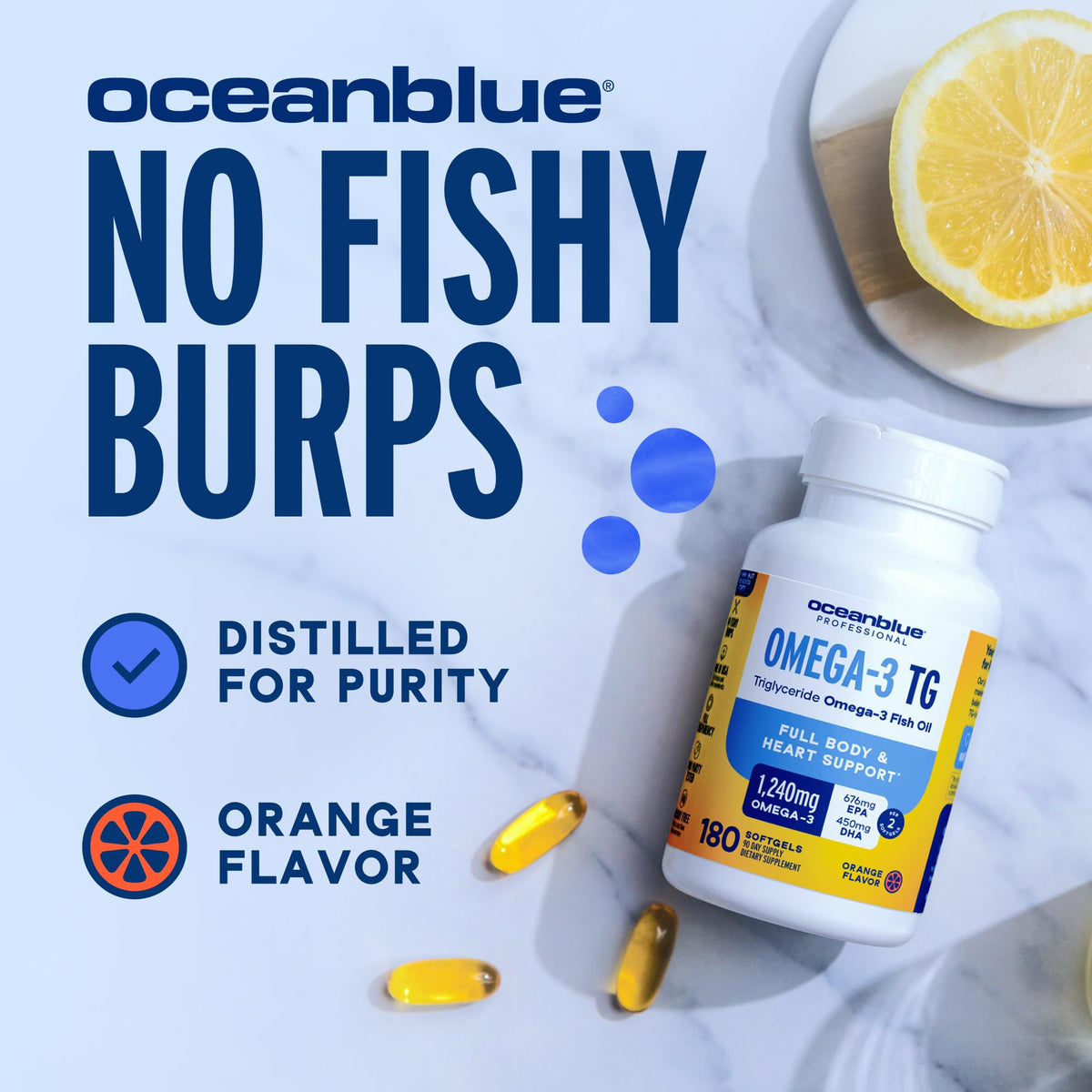 Gélule d'huile de poisson Omega-3 Oceanblue, couleur orange