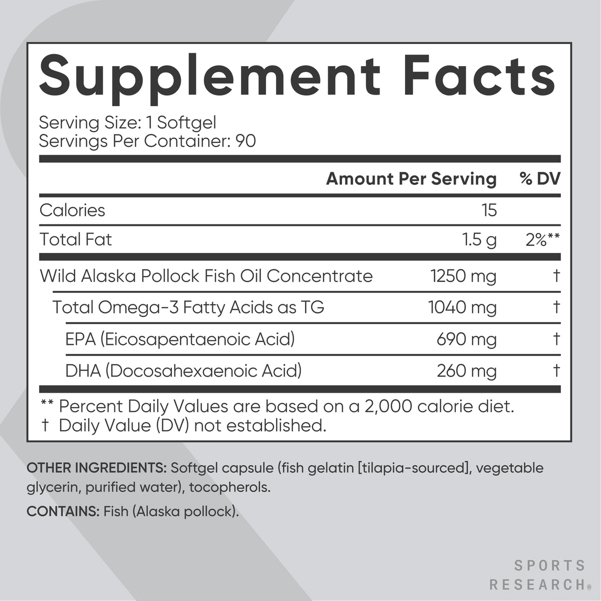 Gélule d'huile de poisson Omega-3 Sports Research à côté du flacon