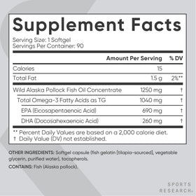 Gélule d'huile de poisson Omega-3 Sports Research à côté du flacon