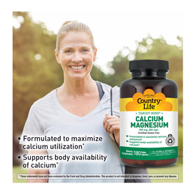 Gélule de Calcium Magnésium Country Life sur une surface en bois