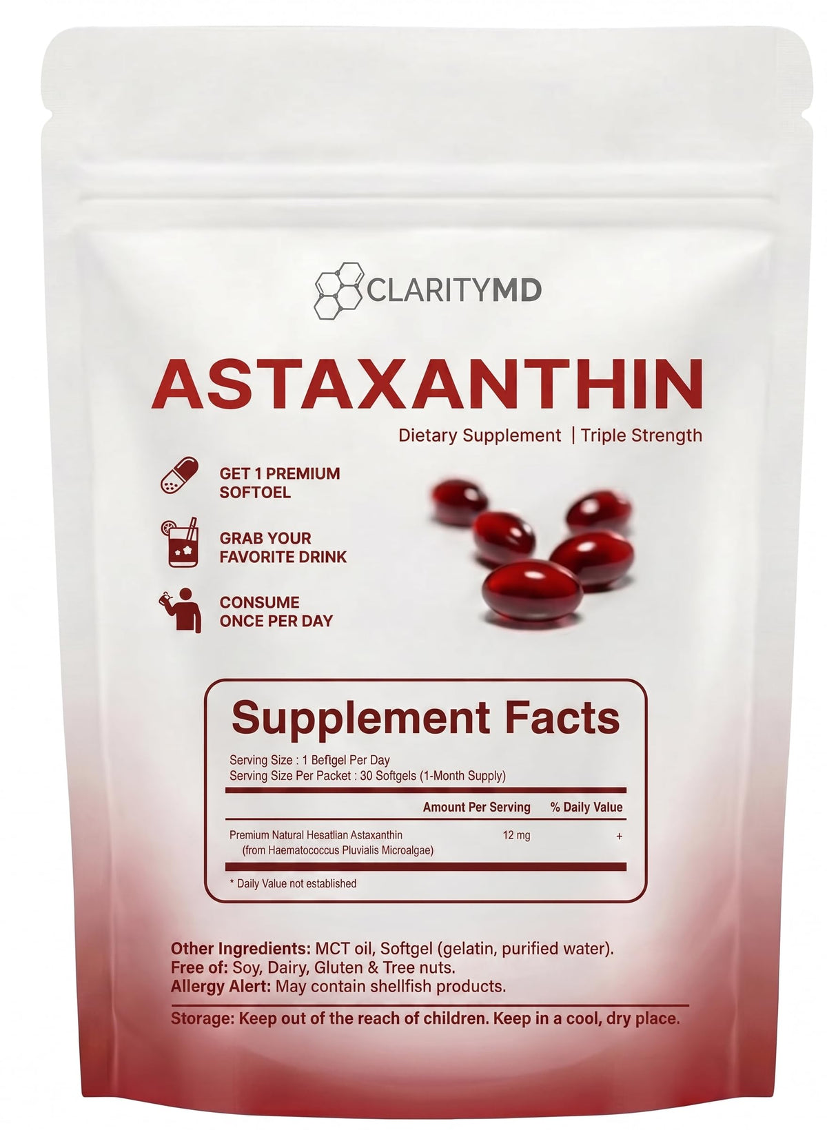Gélule de ClarityMD Astaxanthin 12mg avec une gélule ouverte montrant le contenu