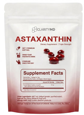 Gélule de ClarityMD Astaxanthin 12mg avec une gélule ouverte montrant le contenu