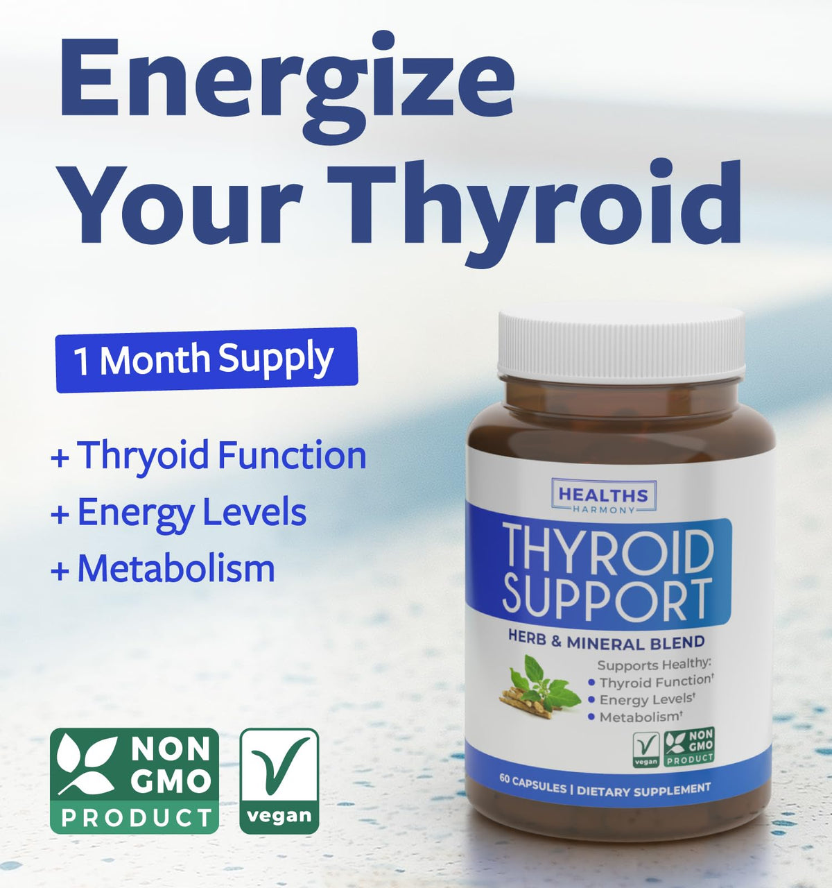 Gélule de complément thyroïdien Healths Harmony sur une surface blanche