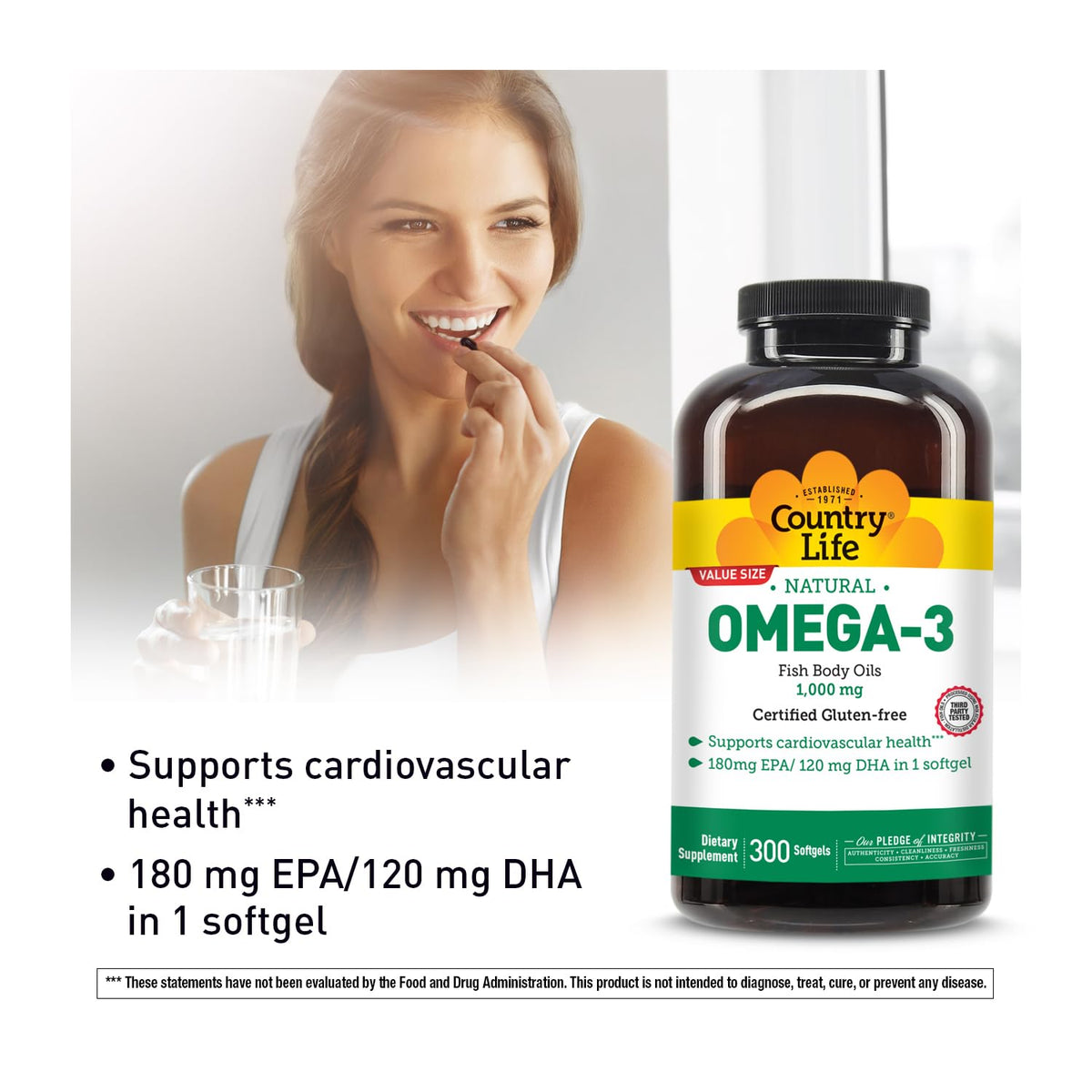 Gélule de Country Life Huile de Poisson Omega-3 montrant la taille