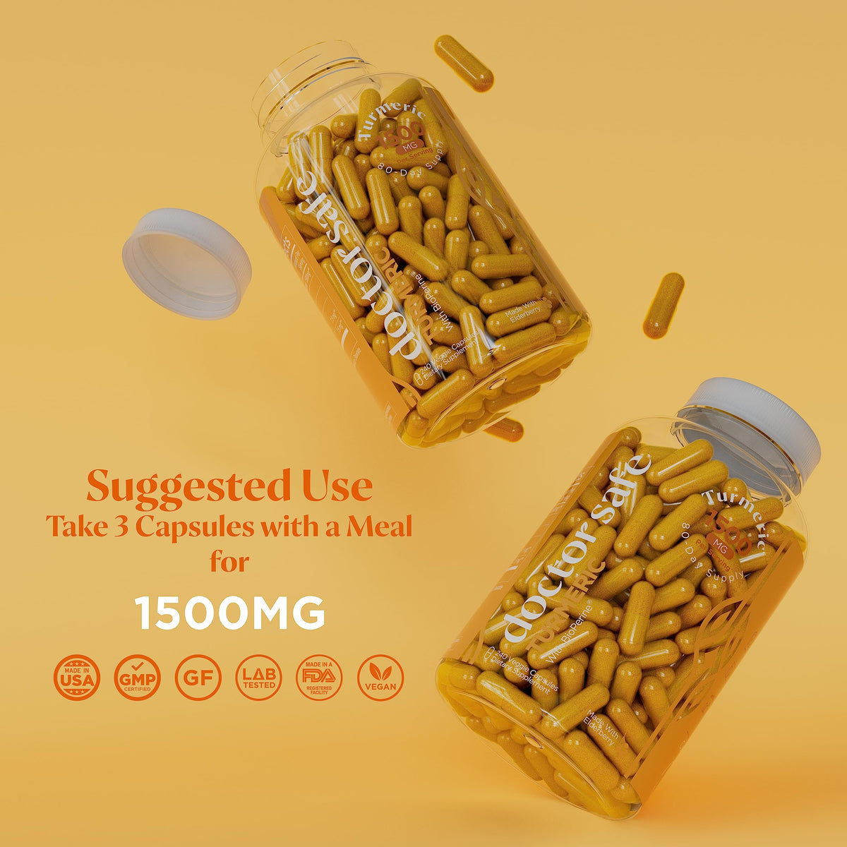 Gélule de Curcuma Curcumin 1500mg de DOCTOR SAFE sur fond blanc