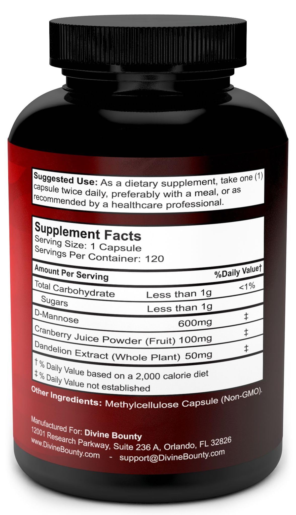 Gélule de D-Mannose 600mg de Divine Bounty sur fond blanc
