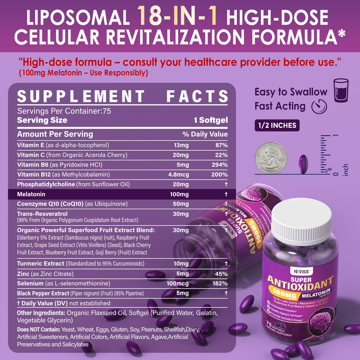 Gélule de mélatonine 100mg NEVISS avec ingrédients antioxydants