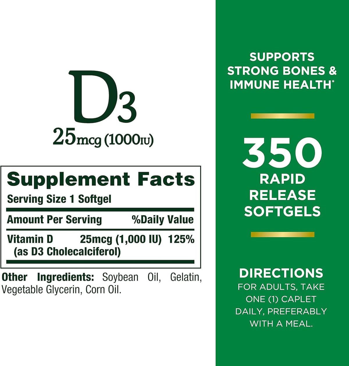 Gélule de Nature's Bounty Vitamine D3 montrant sa taille et sa forme