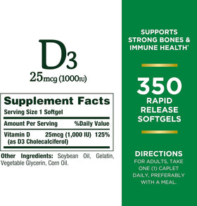 Gélule de Nature's Bounty Vitamine D3 montrant sa taille et sa forme