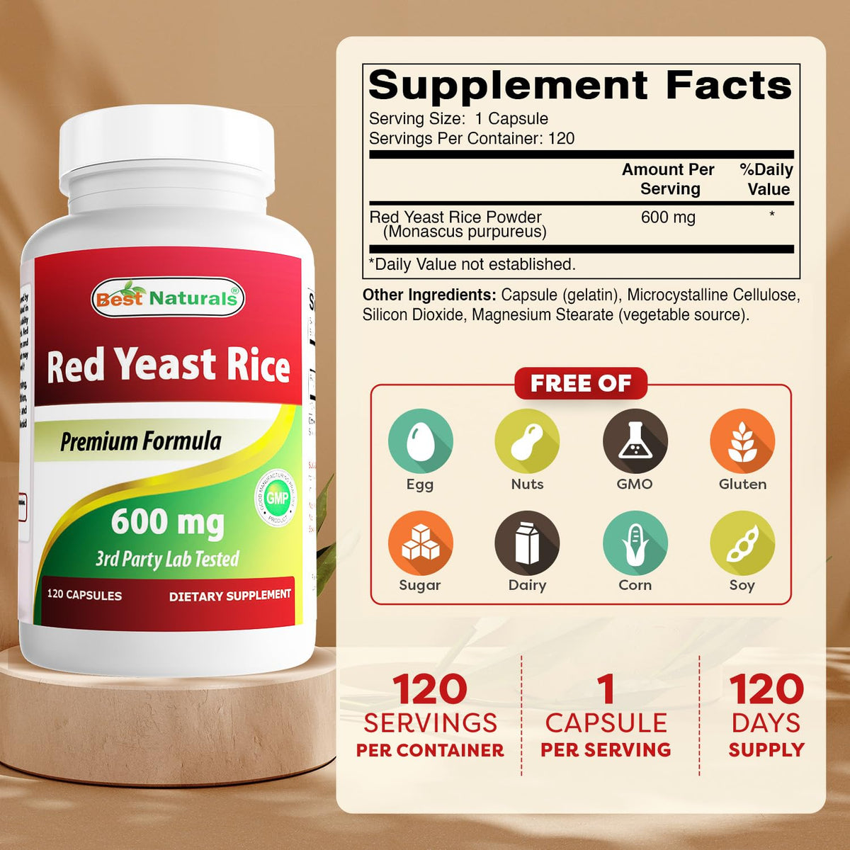 Gélule de riz rouge Best Naturals avec dosage de 600 mg