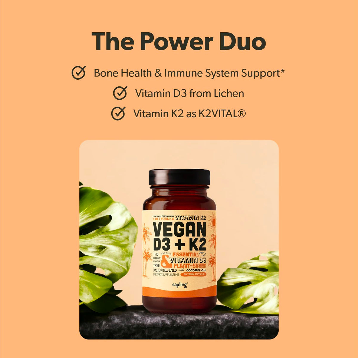 Gélule de sapling Vitamine D3 + K2 avec huile MCT de coco
