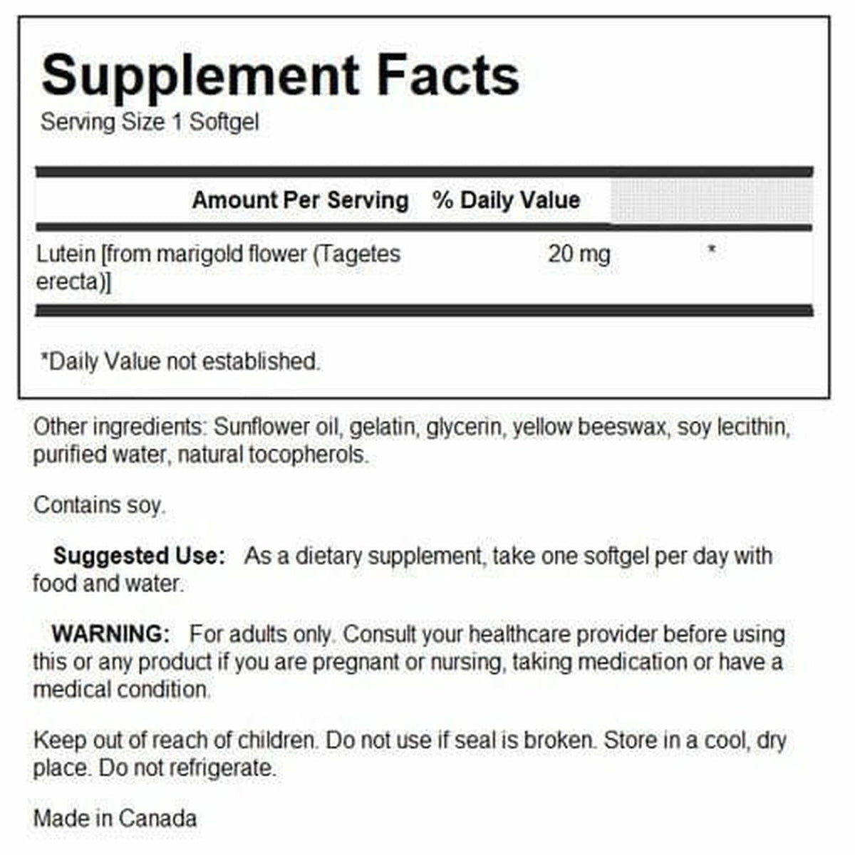 Gélule de Swanson Lutein montrant la taille et la forme