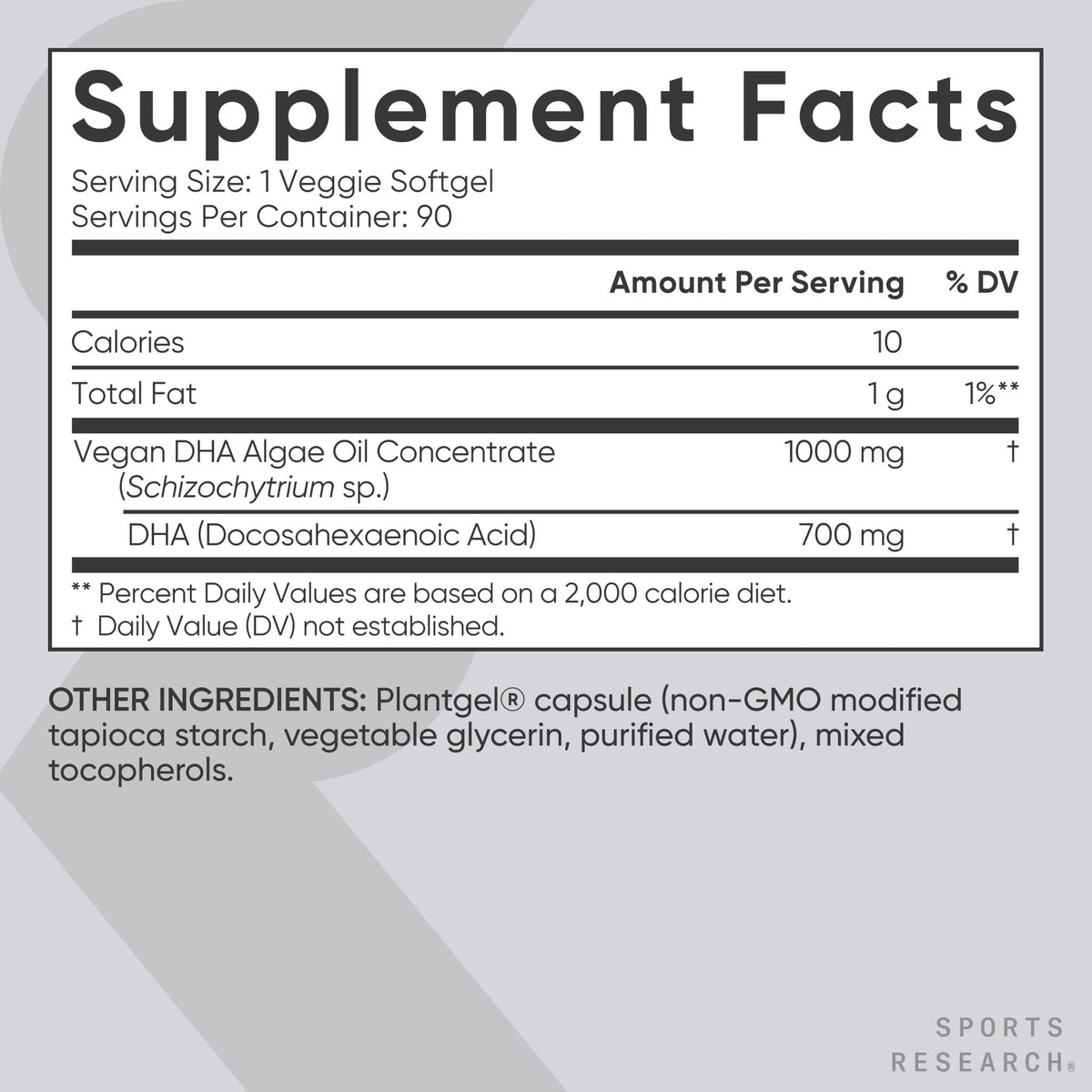 Gélule de Vegan DHA 700mg Sports Research sur fond blanc