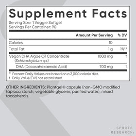 Gélule de Vegan DHA 700mg Sports Research sur fond blanc